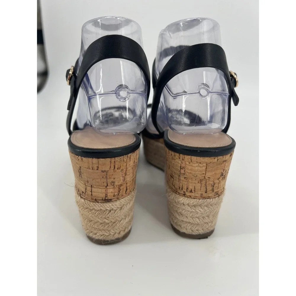 Aldo Black Platform Wedge Espadrille Sandals Cork Jute Ankle Strap Womens 8